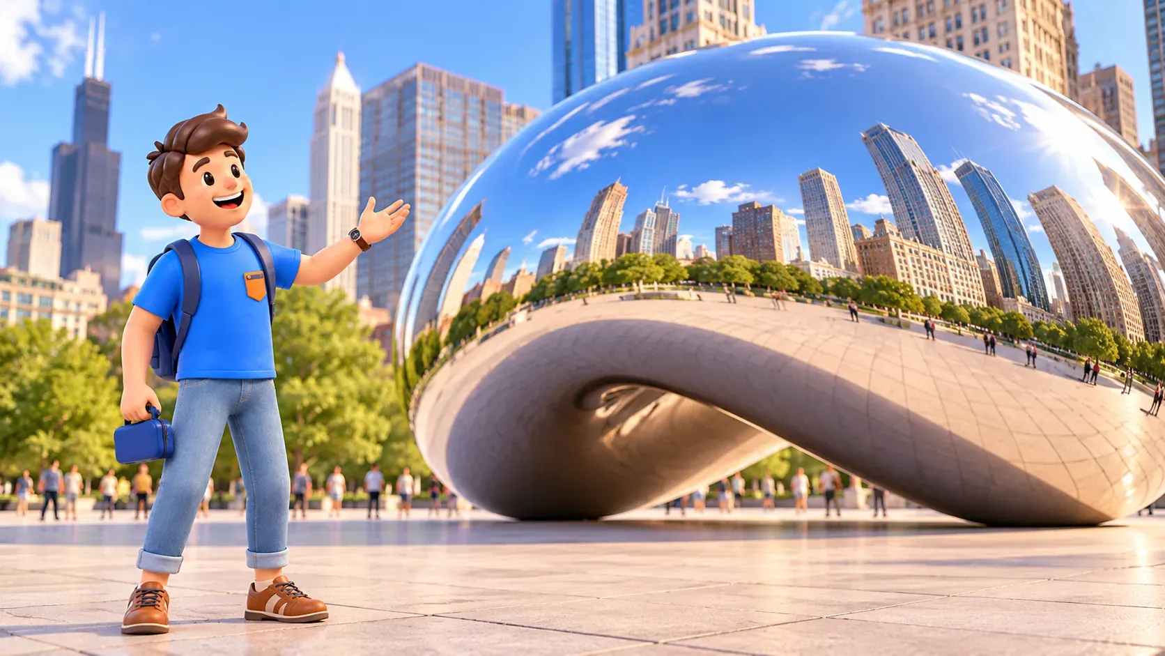 Voyageur observant les reflets de la ville dans Cloud Gate.
