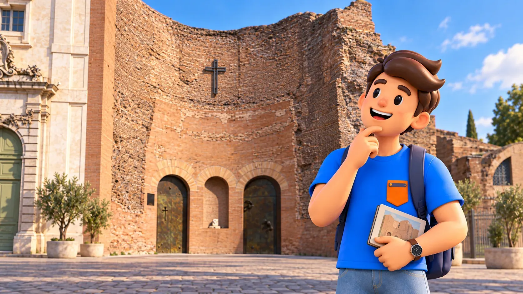 Un viajero con un libro observa la entrada de ladrillo de Santa Maria degli Angeli