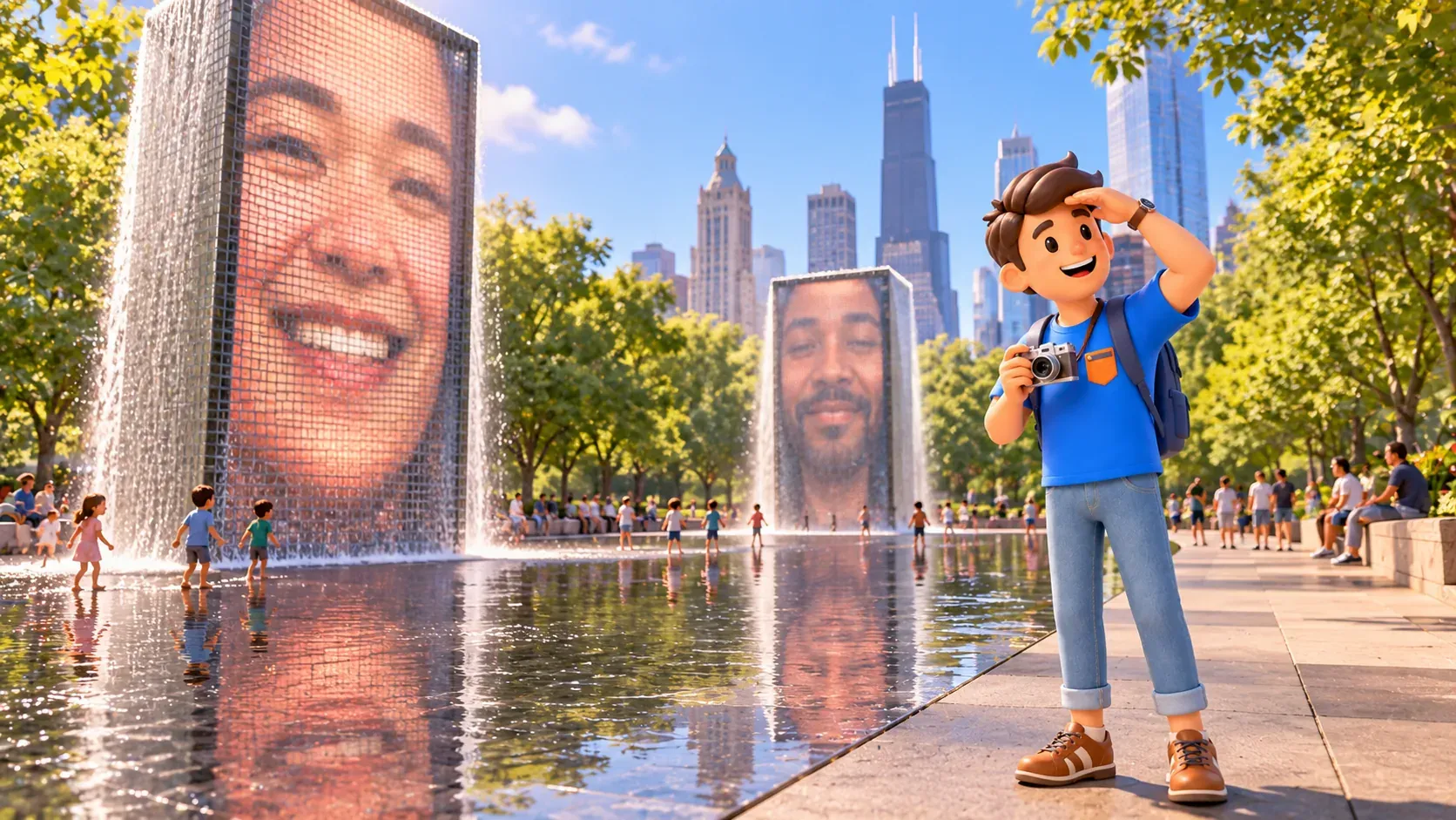 Voyageur avec un appareil photo observant Crown Fountain depuis le bord sec.