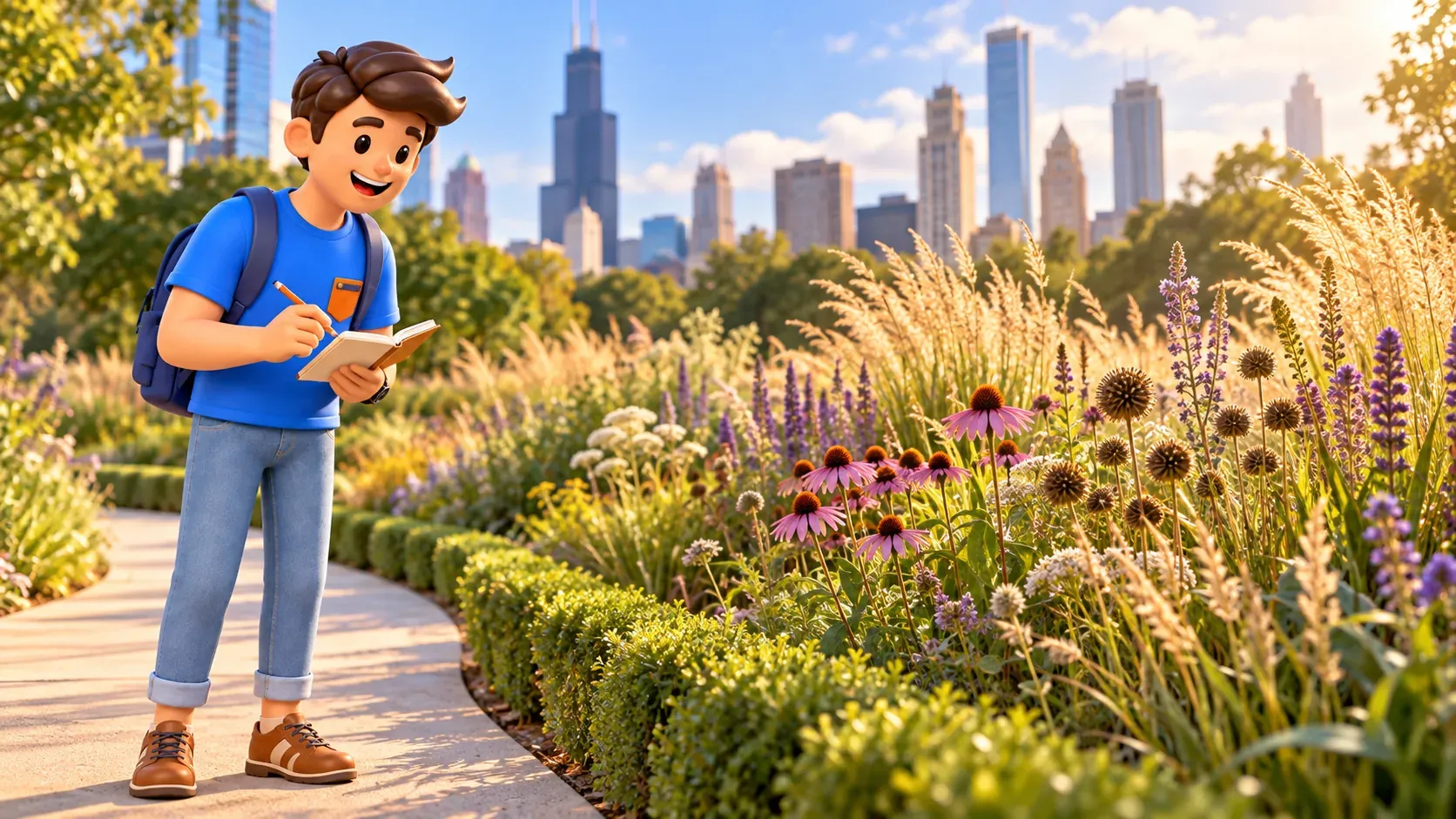 Voyageur dessinant les plantes de Lurie Garden depuis le chemin.