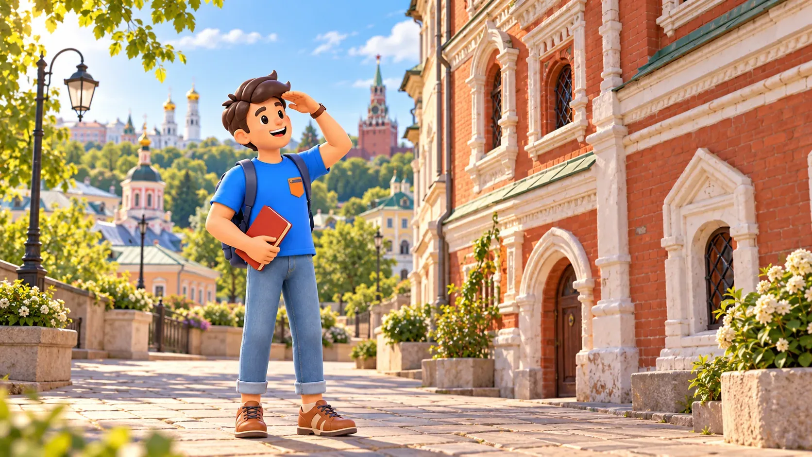 Un voyageur avec un carnet rouge observe une façade ancienne dans une ruelle moscovite illustrée, illustration 3D