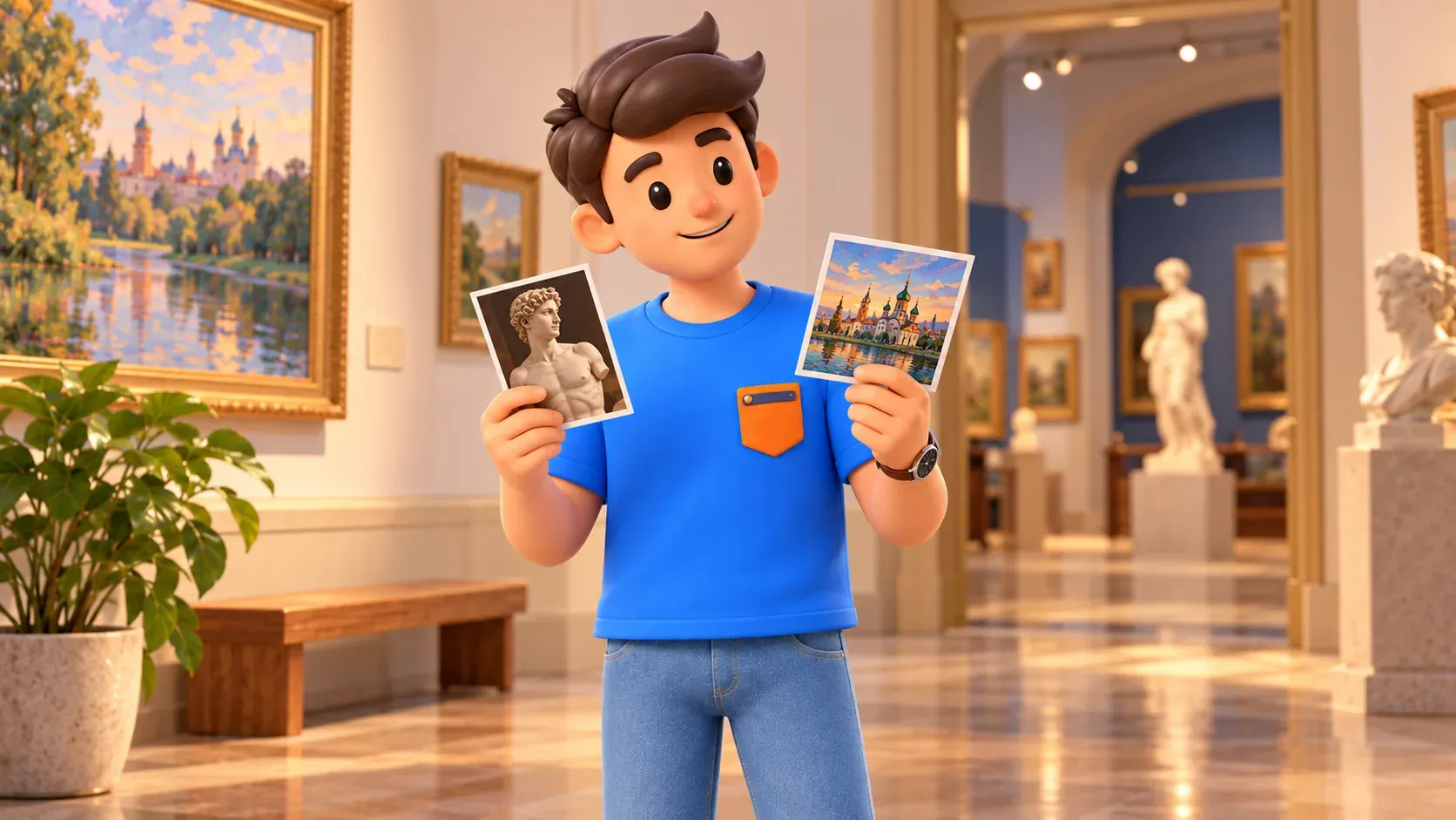 Un voyageur choisit entre des cartes d’art dans un intérieur de musée illustré, illustration 3D
