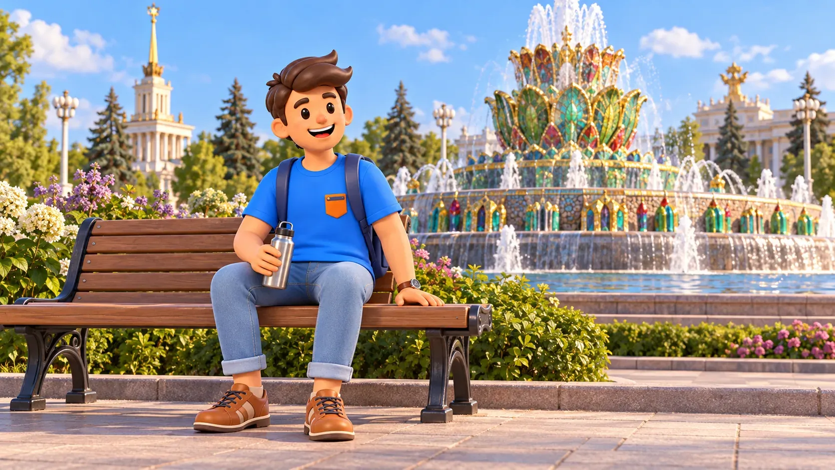 Un voyageur se repose avec une gourde sur un banc près d’une fontaine inspirée du VDNKh, illustration 3D