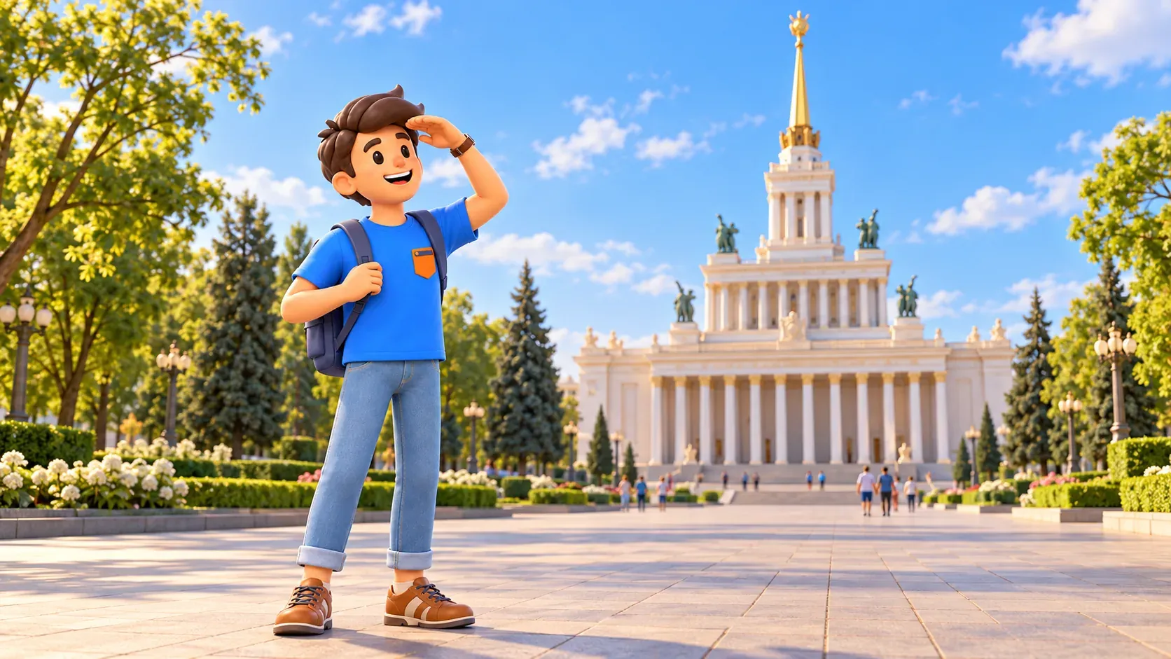 Un viajero observa el Pabellón Central de VDNJ, ilustración 3D