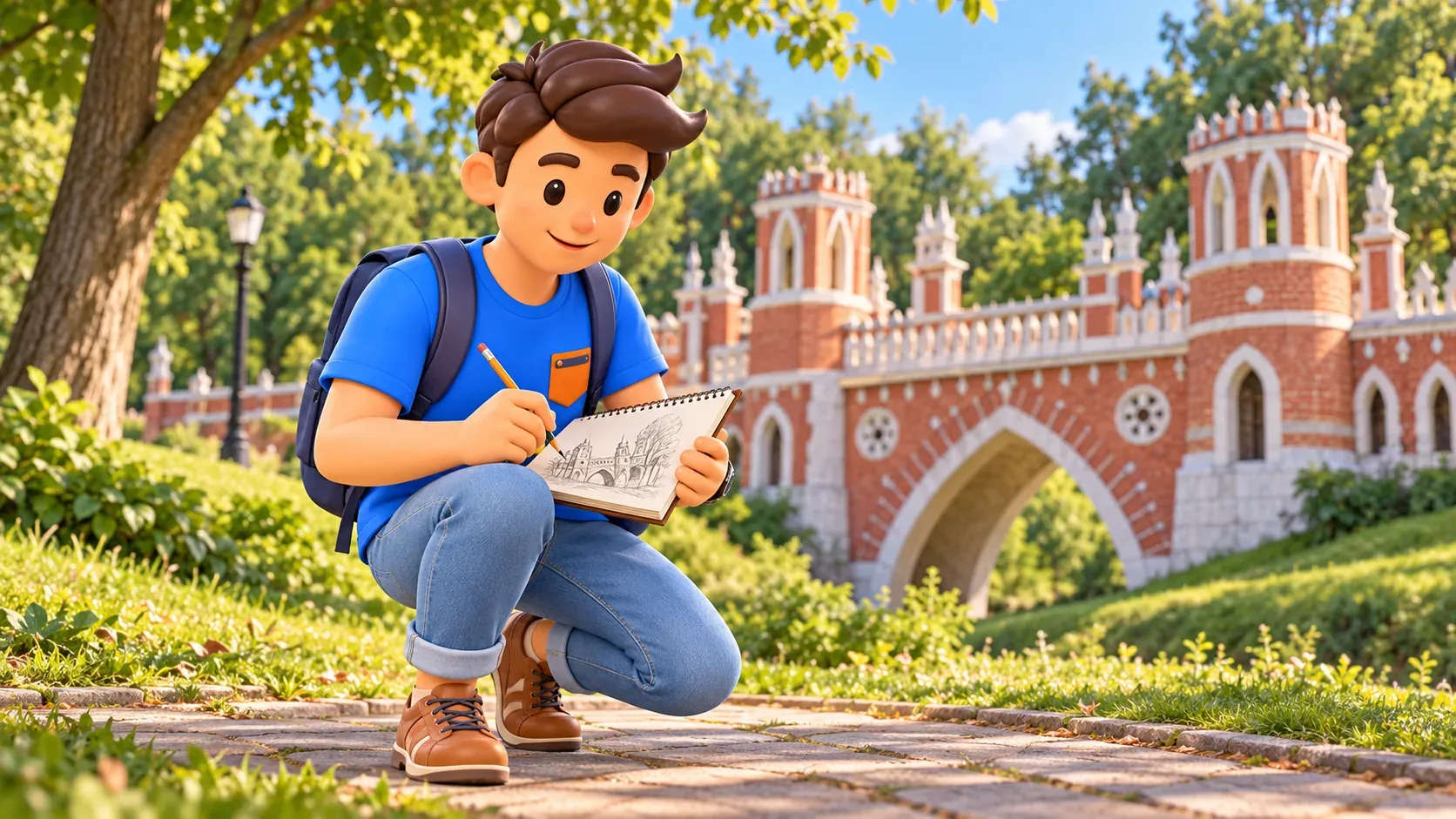Un viajero dibuja un puente ornamental en el parque de Tsaritsyno, ilustración 3D