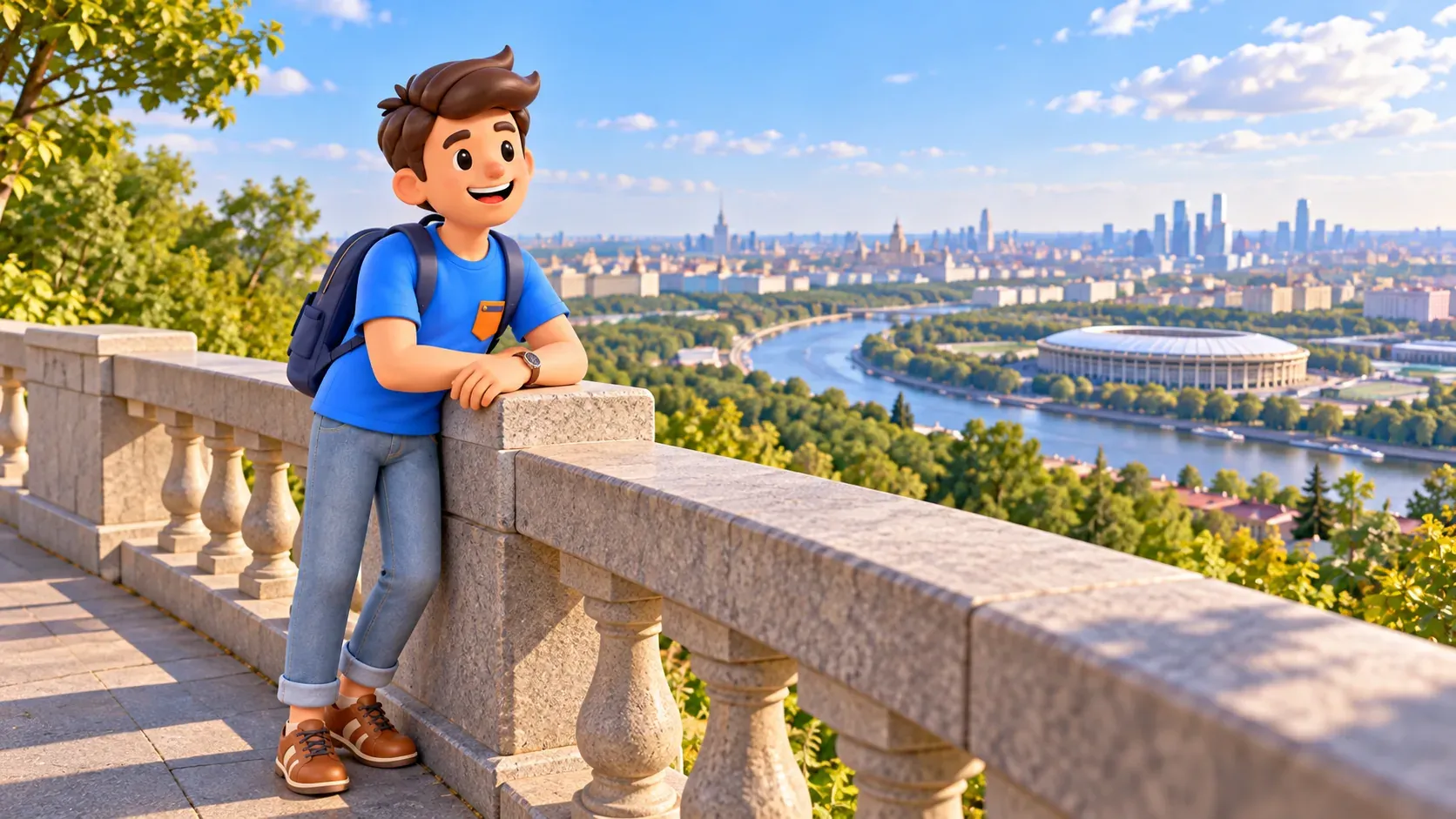 Un viajero en el mirador superior de la Colina de los Gorriones, ilustración 3D