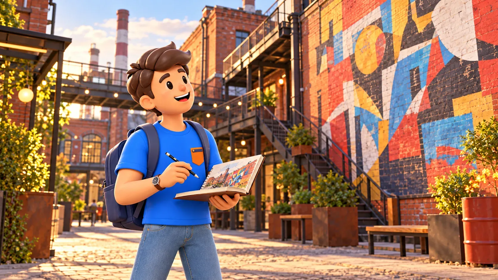 Un viajero con un cuaderno observa un mural en un patio industrial ilustrativo, ilustración 3D