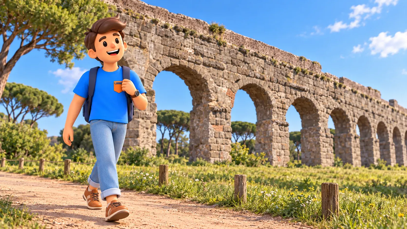 A traveller walks along a path before the high arches of the Aqua Claudia