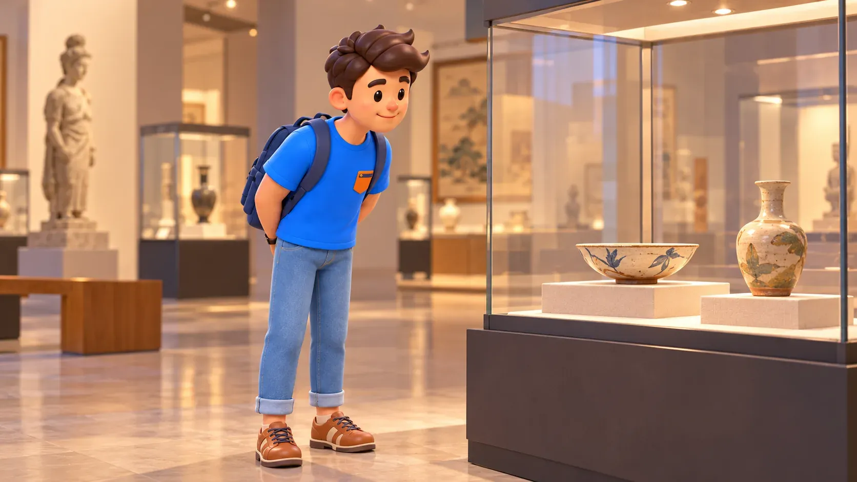 Voyageur regardant attentivement des céramiques dans une vitrine de musée