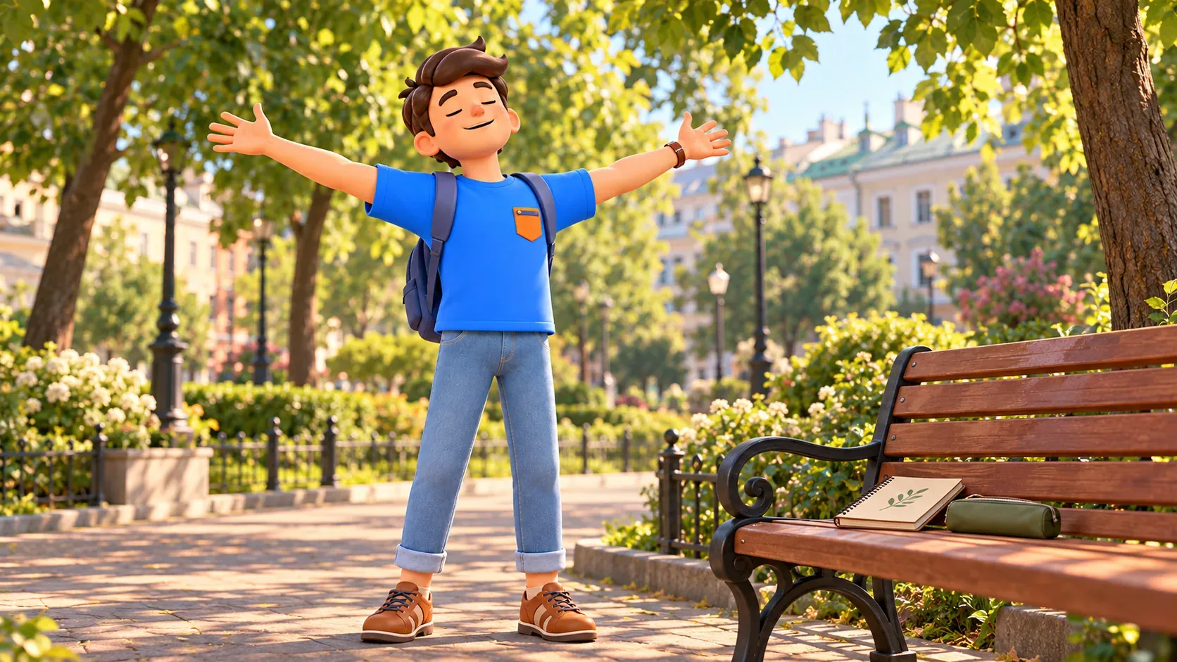 Un viajero se estira entre árboles en un parque urbano ilustrativo, ilustración 3D