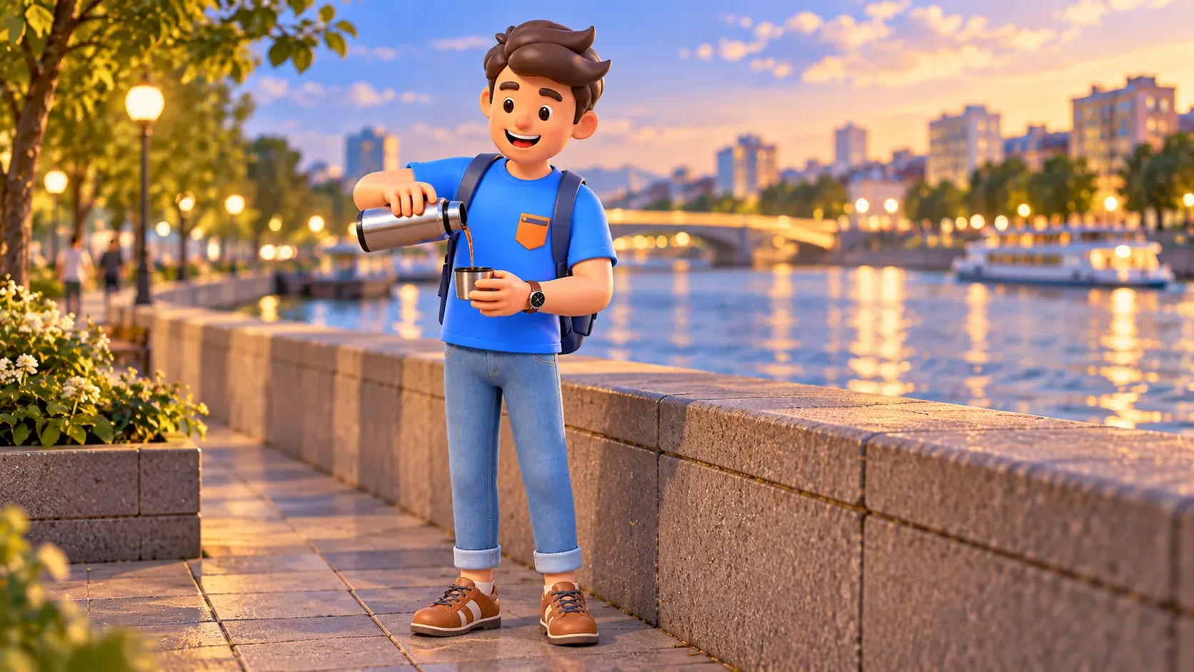 Un viajero sirve té de un termo en un paseo fluvial moscovita ilustrado, ilustración 3D