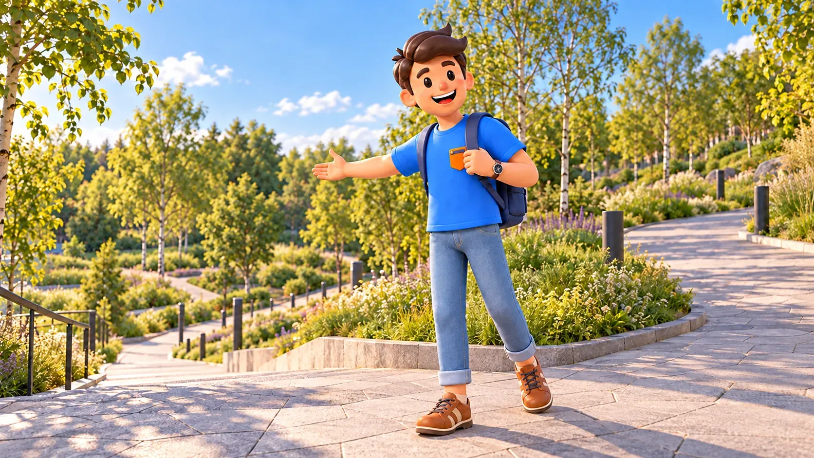 Un viajero señala un sendero ajardinado del parque, ilustración 3D