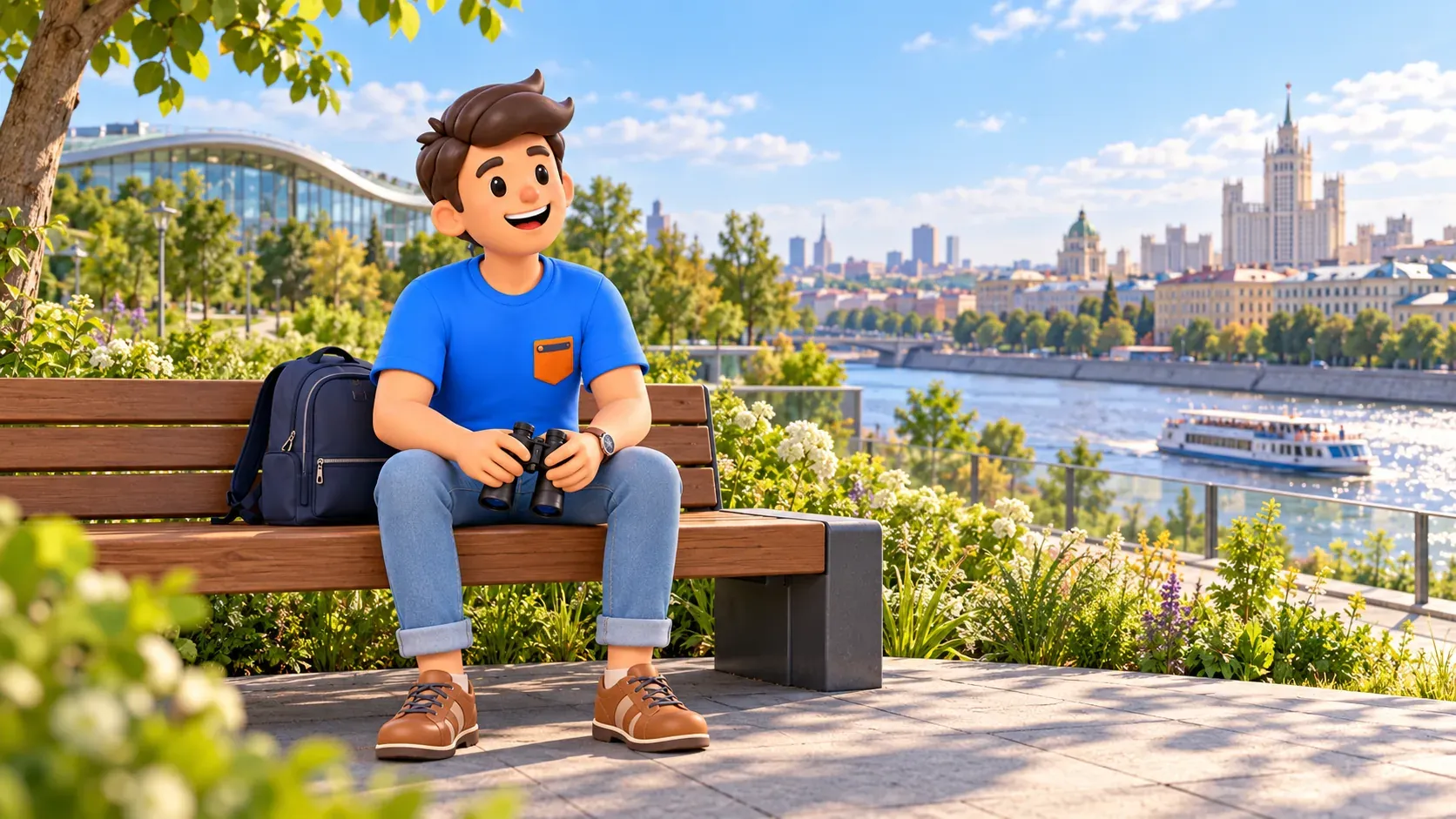 Un viajero con prismáticos descansa en un banco con vistas al río, ilustración 3D