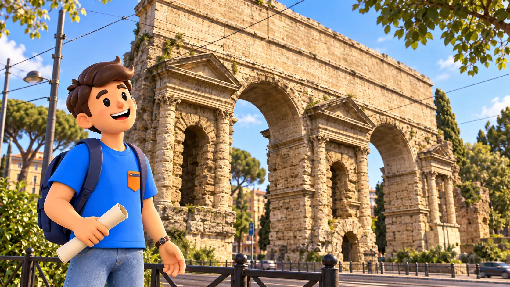 A traveller holding a rolled sheet studies Porta Maggiore from a public pavement