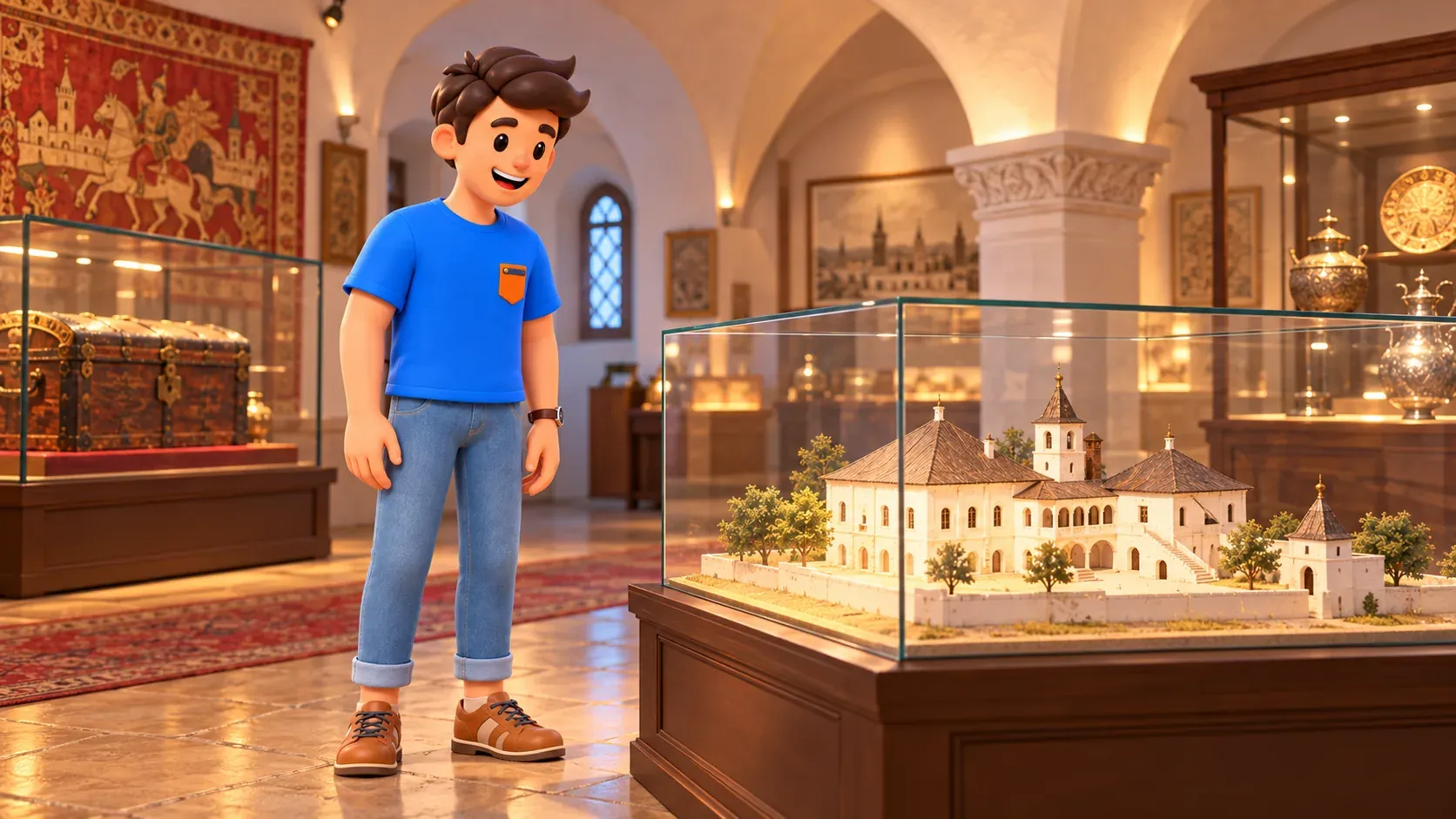 Ein Reisender betrachtet ein Modell in einem illustrativen Geschichtsmuseum, 3D-Illustration