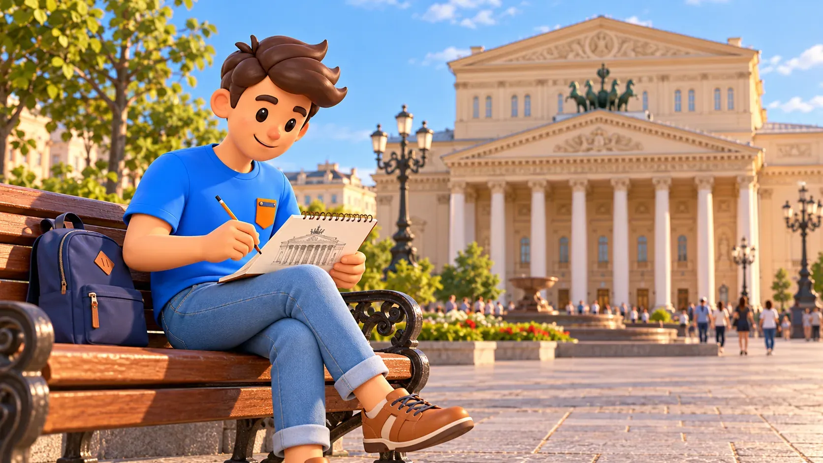 Un voyageur dessine des colonnes de théâtre dans un carnet sur la place, illustration 3D