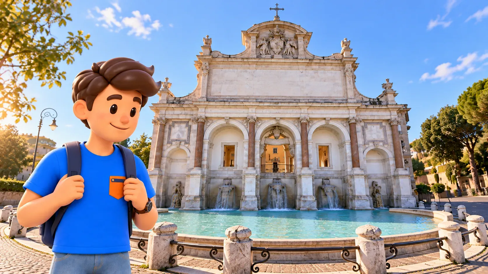 A traveller looks at the broad basin and five bays of the Acqua Paola Fountain