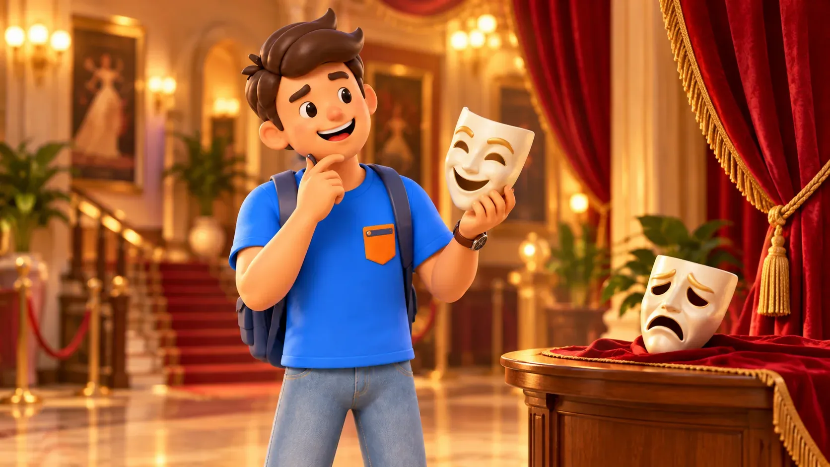Un voyageur observe un masque dans un intérieur théâtral illustré, illustration 3D