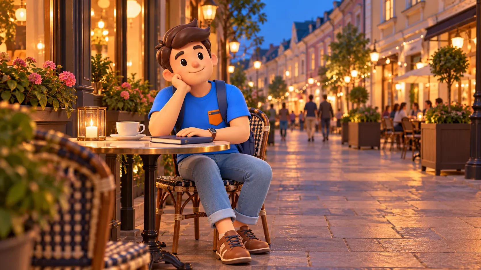 Un voyageur se repose à une table de café dans une ruelle moscovite illustrée, illustration 3D