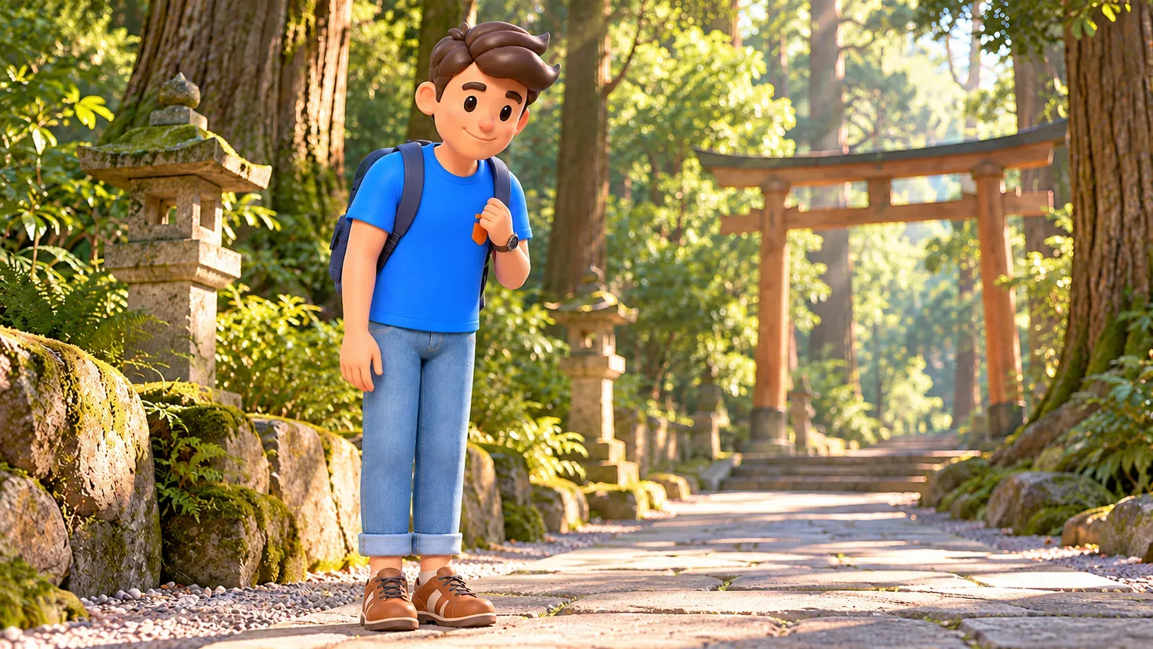 Traveler calmly observing a forest path near a wooden torii