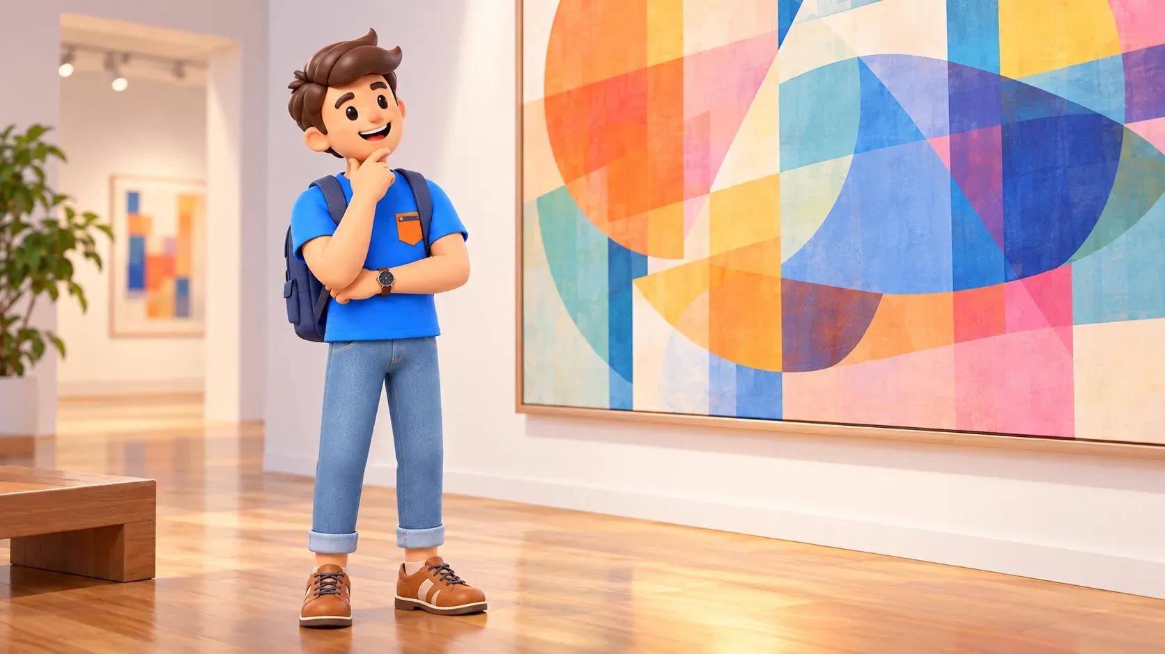 Traveler enjoying a generic abstract painting in an art gallery