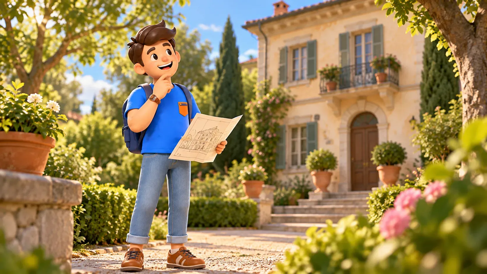 The character with an architectural sketch looking at a villa in a park