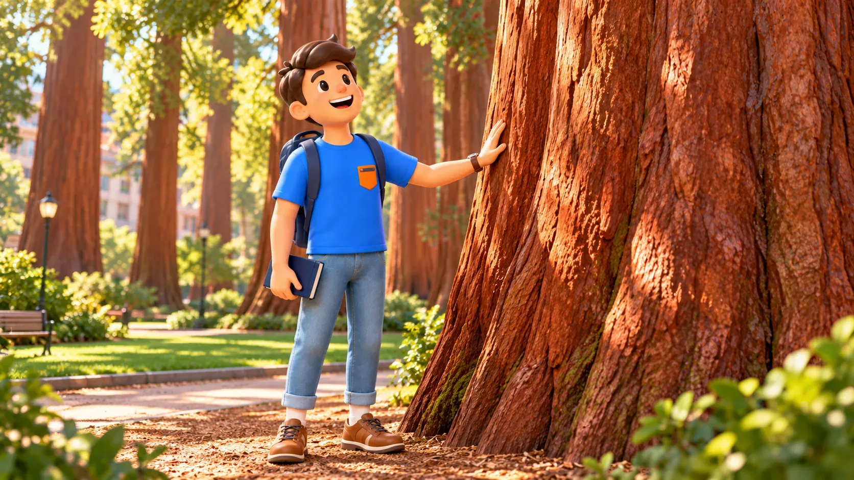 The character looking up beside a giant sequoia trunk