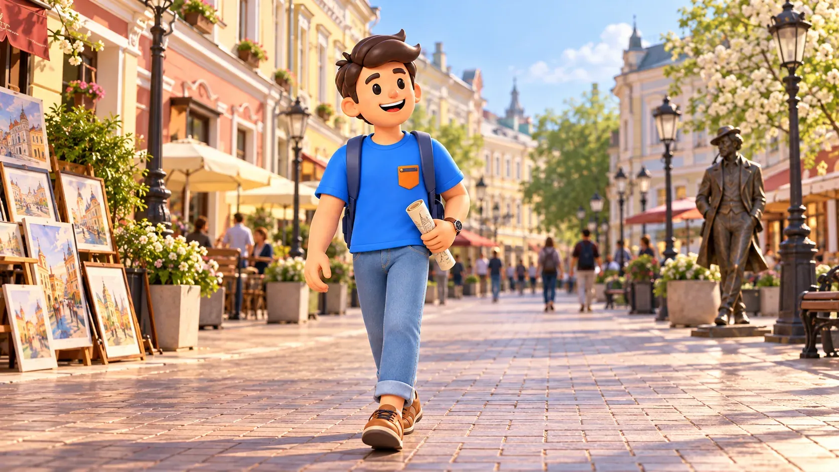 A traveler carrying a rolled sketch walks along Arbat, 3D illustration