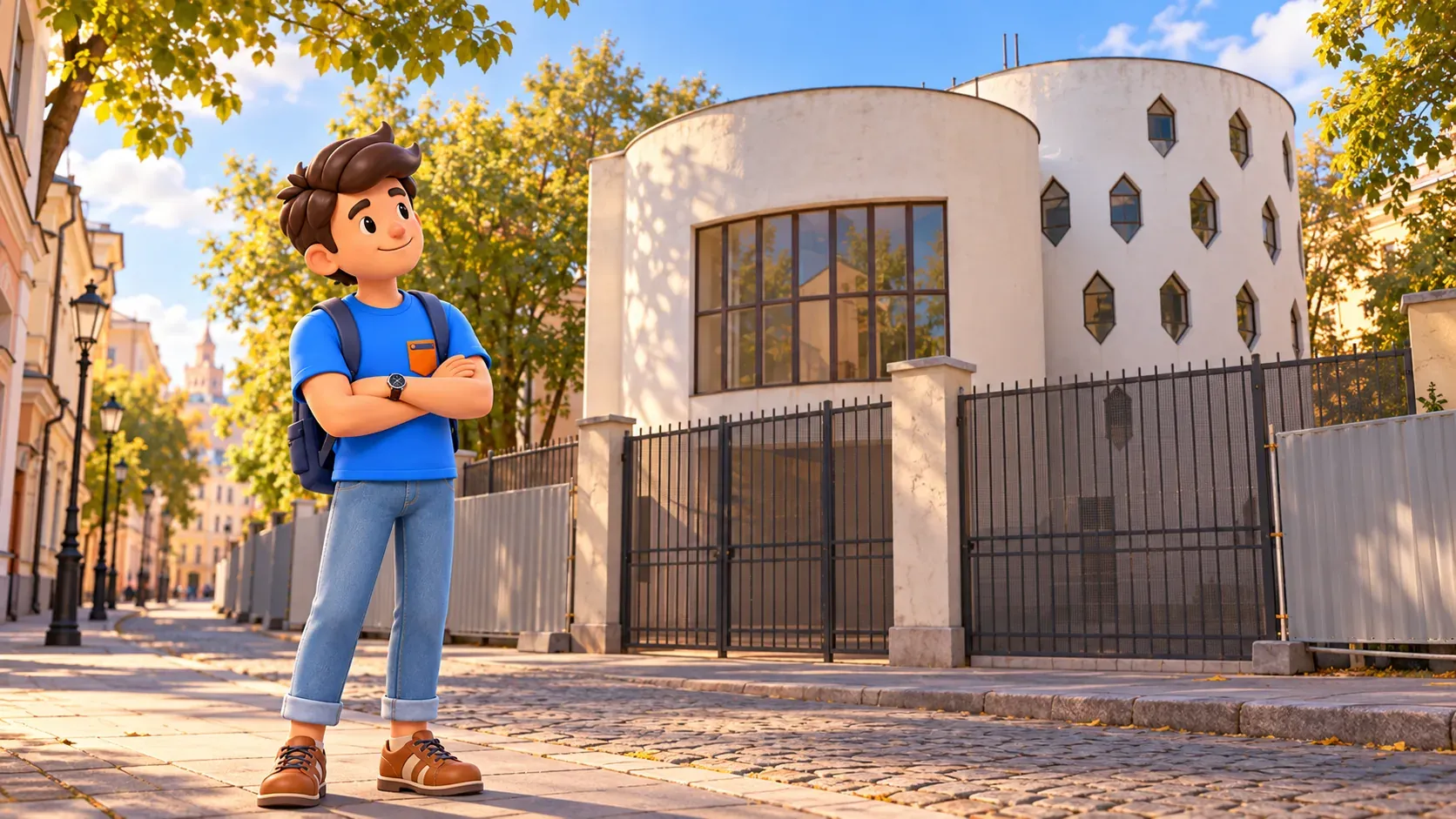 A traveler observes a cylindrical house behind a closed fence from a public lane, 3D illustration