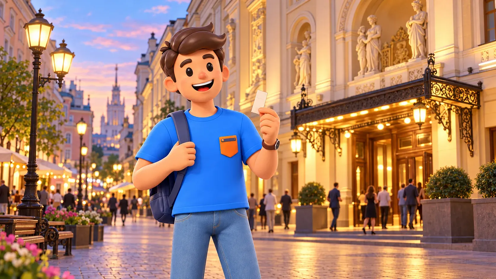 A traveler with a ticket beside an illustrative theatre facade on Arbat, 3D illustration