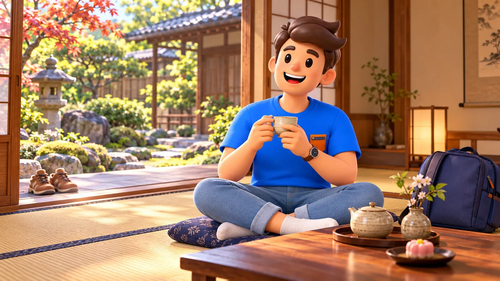 Reisender trinkt Tee in einem Zimmer mit Blick auf einen japanischen Garten