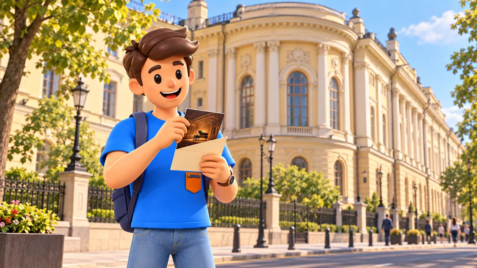 A traveler with a concert programme by an illustrative music institution, 3D illustration