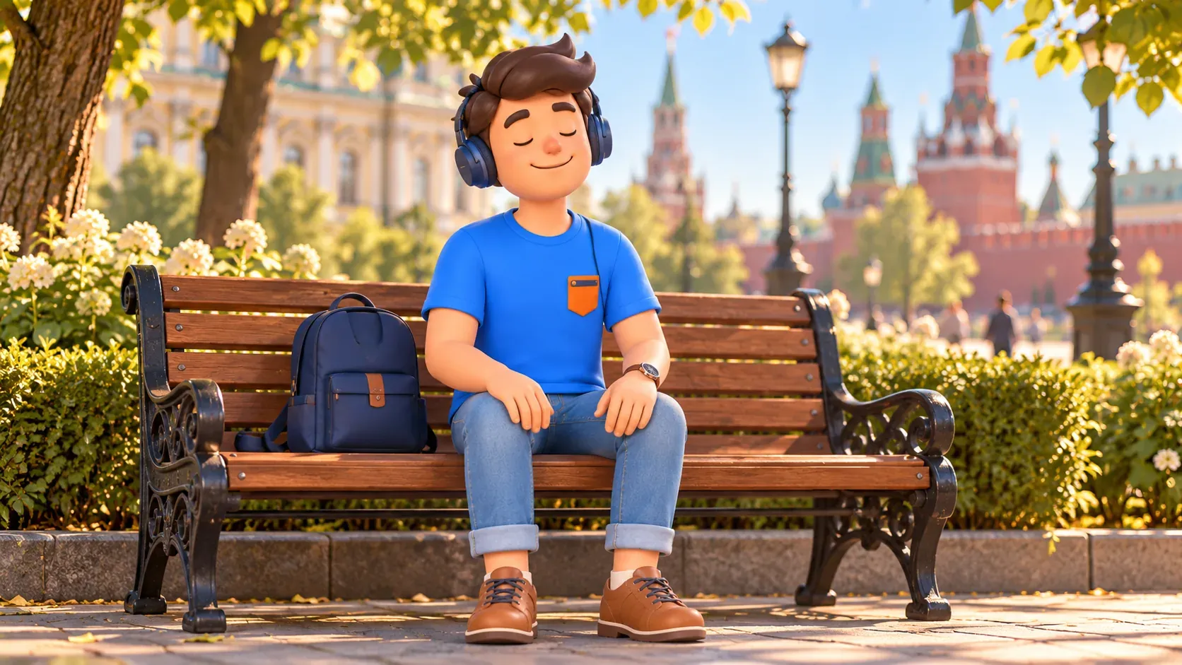 A traveler listens to music through headphones on a city bench, 3D illustration