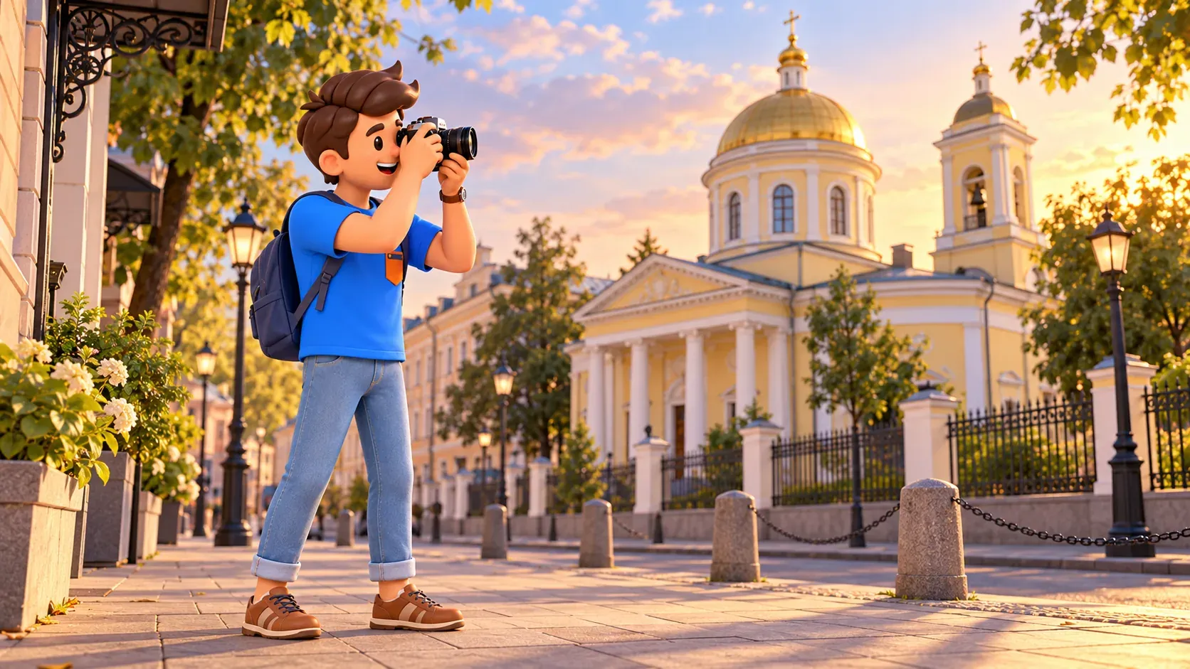A traveler photographs an exterior inspired by the Great Ascension Church, 3D illustration