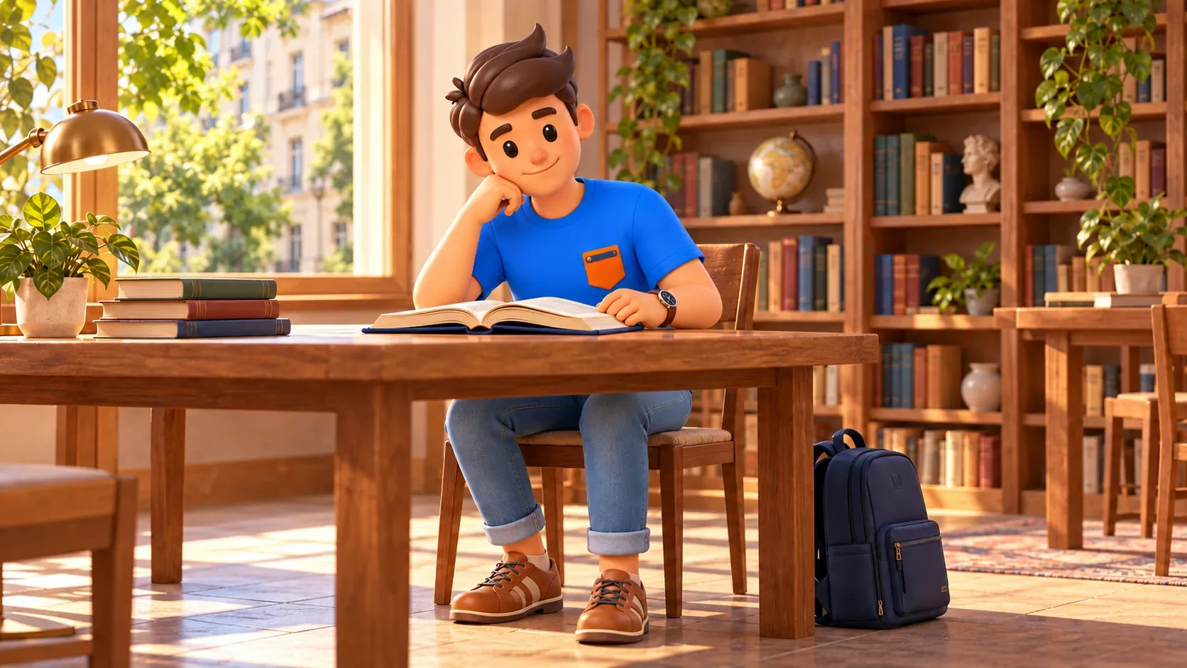 Ein Reisender liest an einem Tisch in einem illustrativen Leseraum, 3D-Illustration