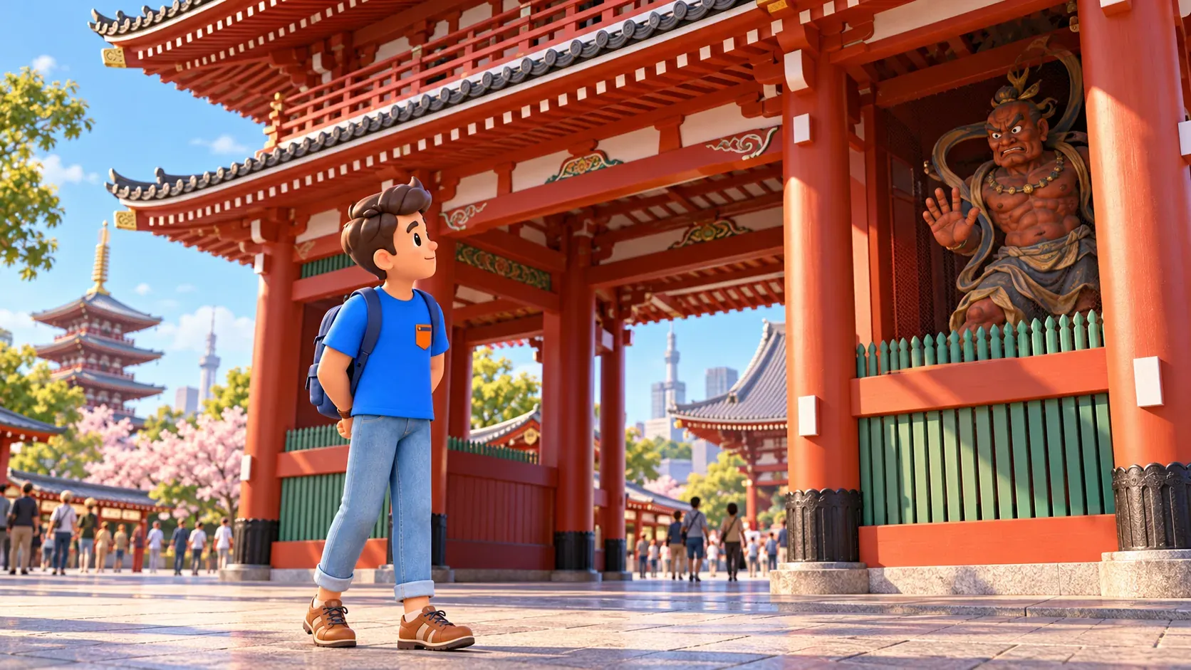 Traveler observing a guardian in a Buddhist gate recess
