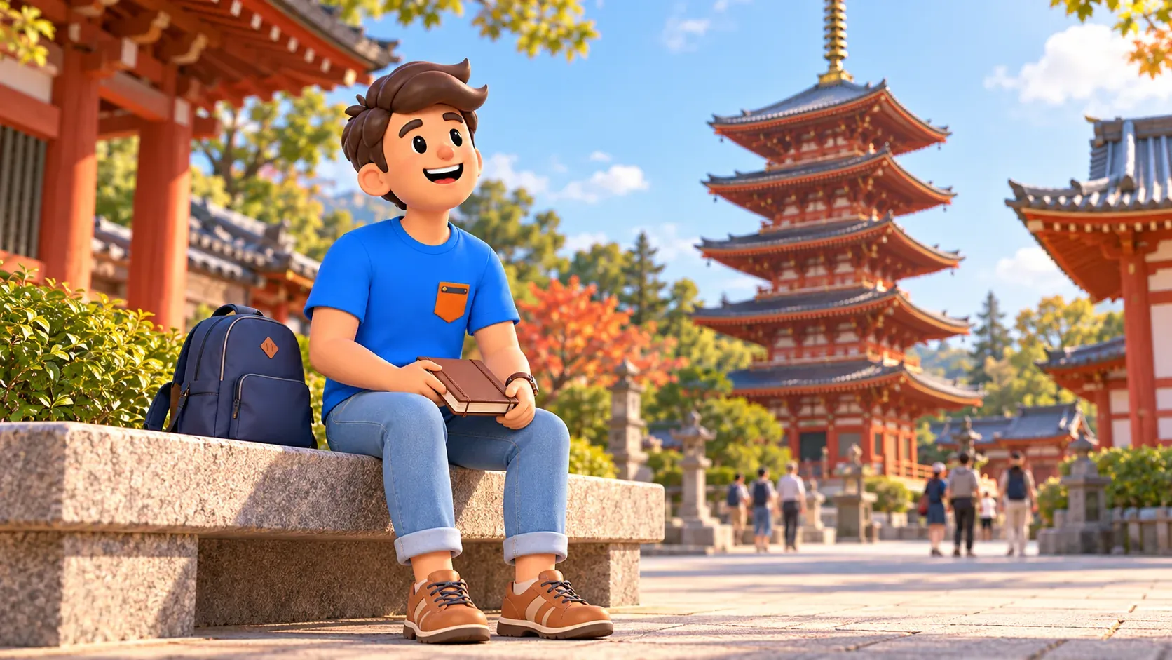 Traveler seated with a notebook on a bench near a five-storied pagoda
