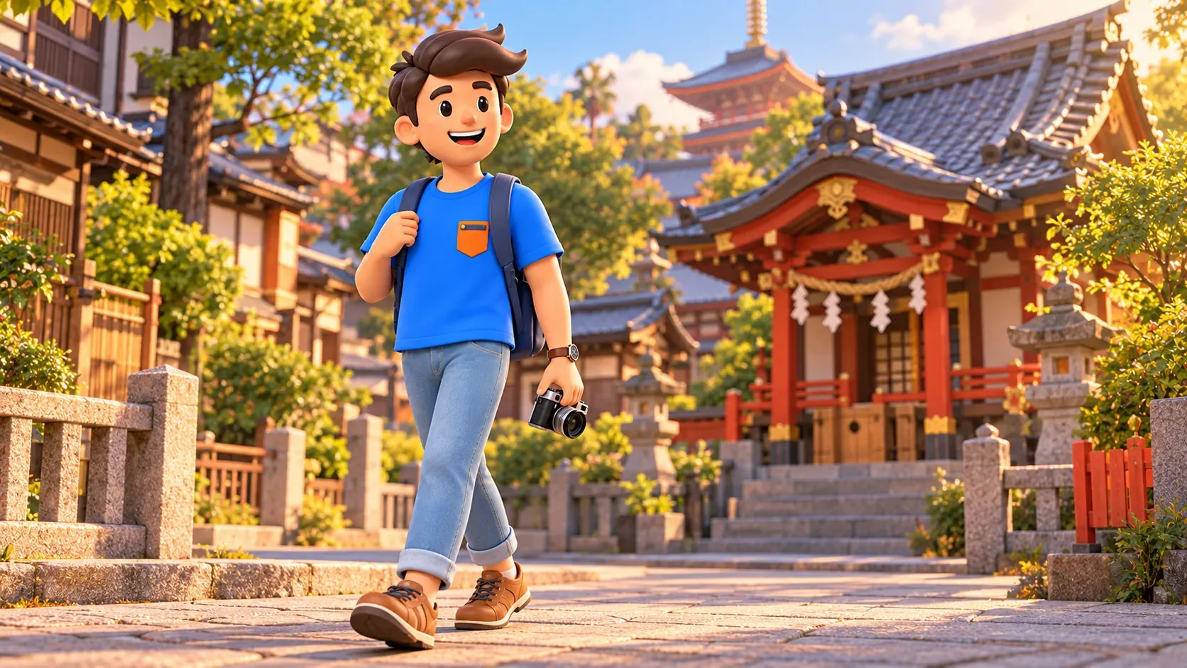 Traveler walking calmly with a camera near a small Shinto shrine