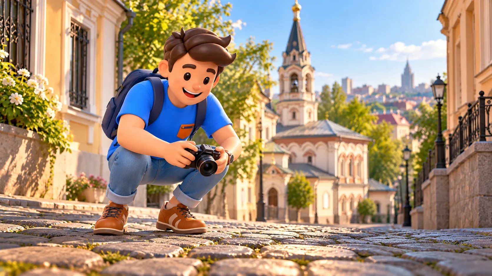 Ein Reisender fotografiert Pflasterdetails in einer illustrativen Gasse bei einer Kirche, 3D-Illustration