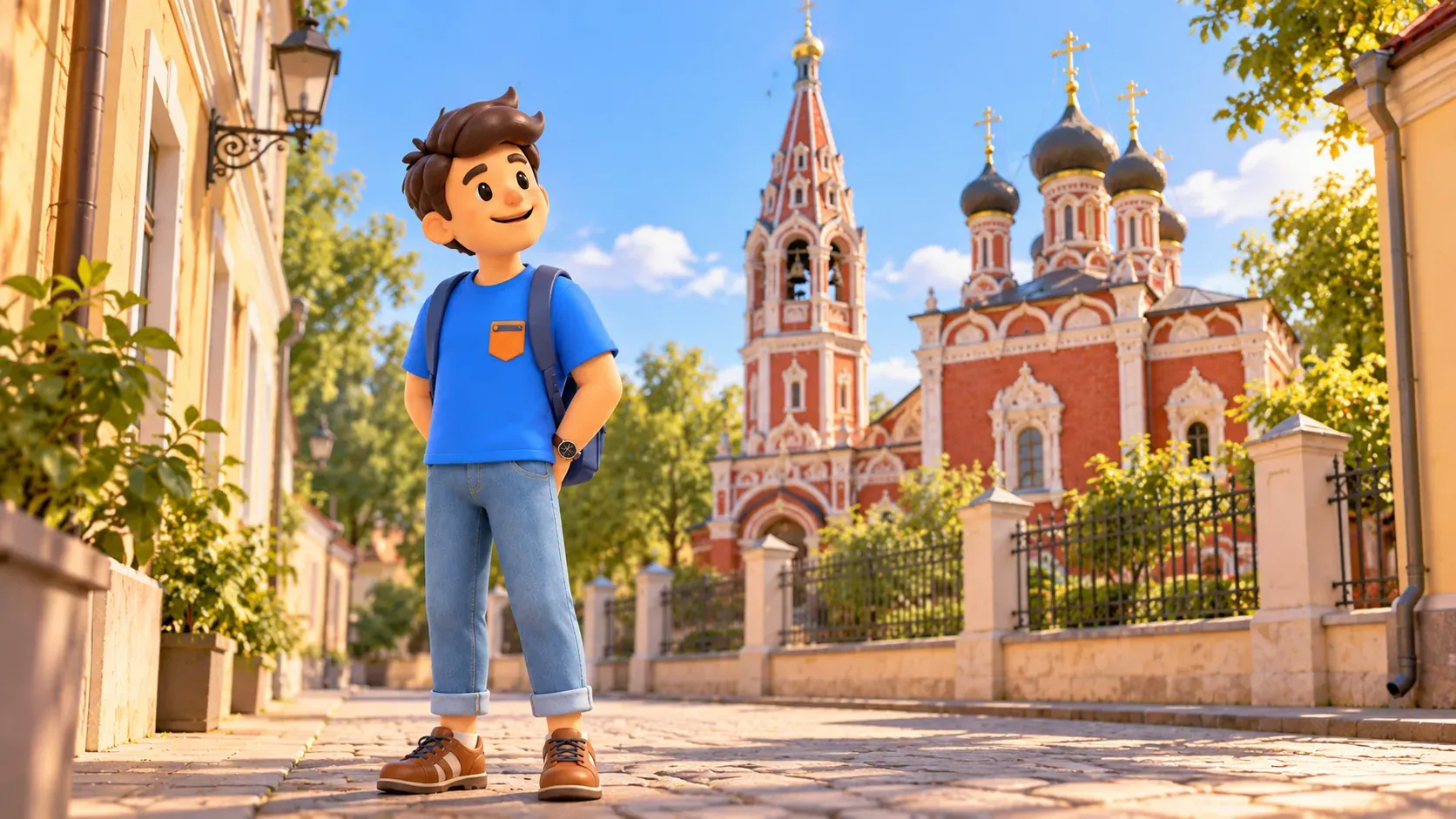A traveler looks at a church silhouette in Kadashi from the street, 3D illustration