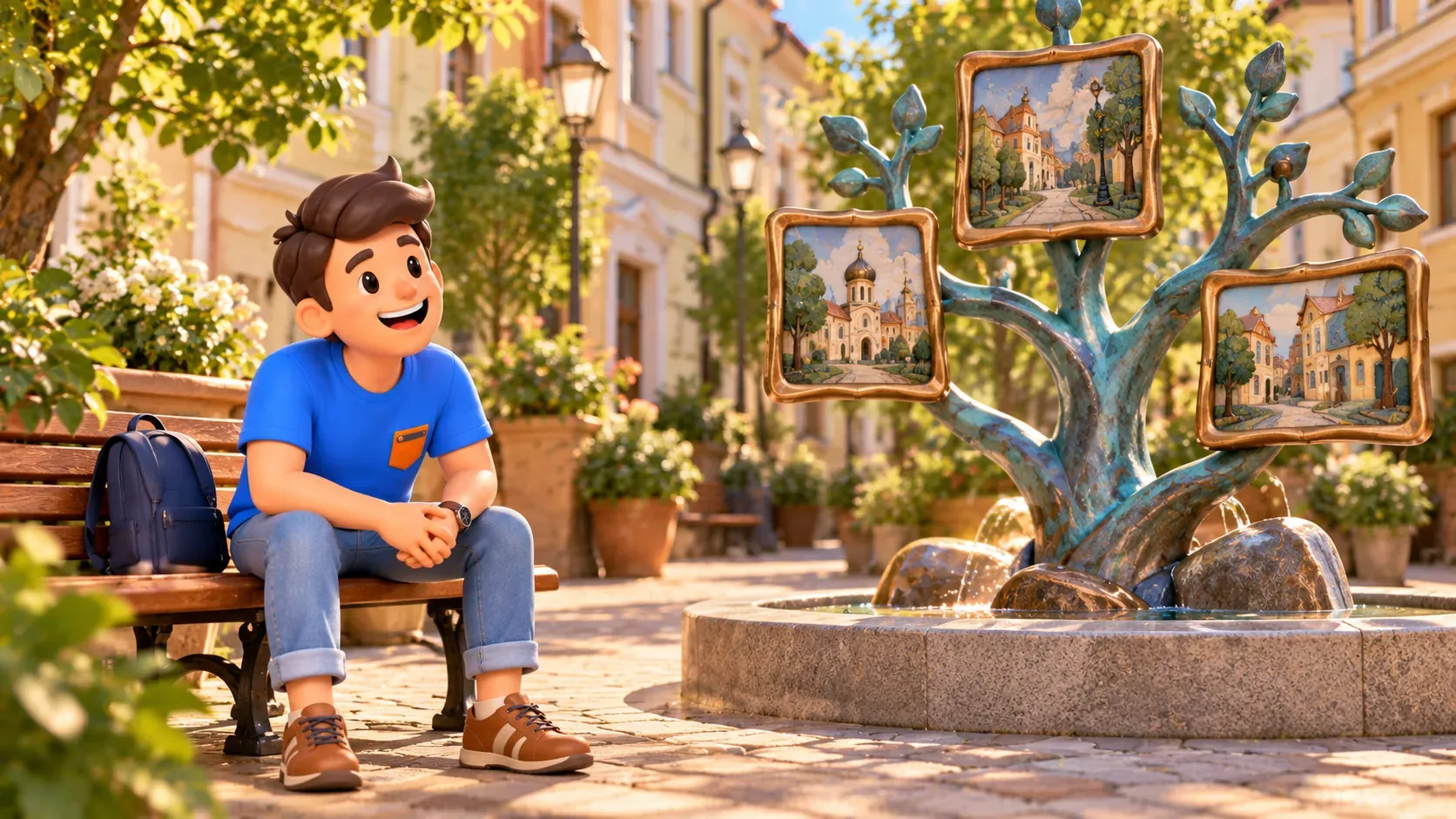 A traveler beside an illustrative art composition inspired by the Inspiration fountain, 3D illustration