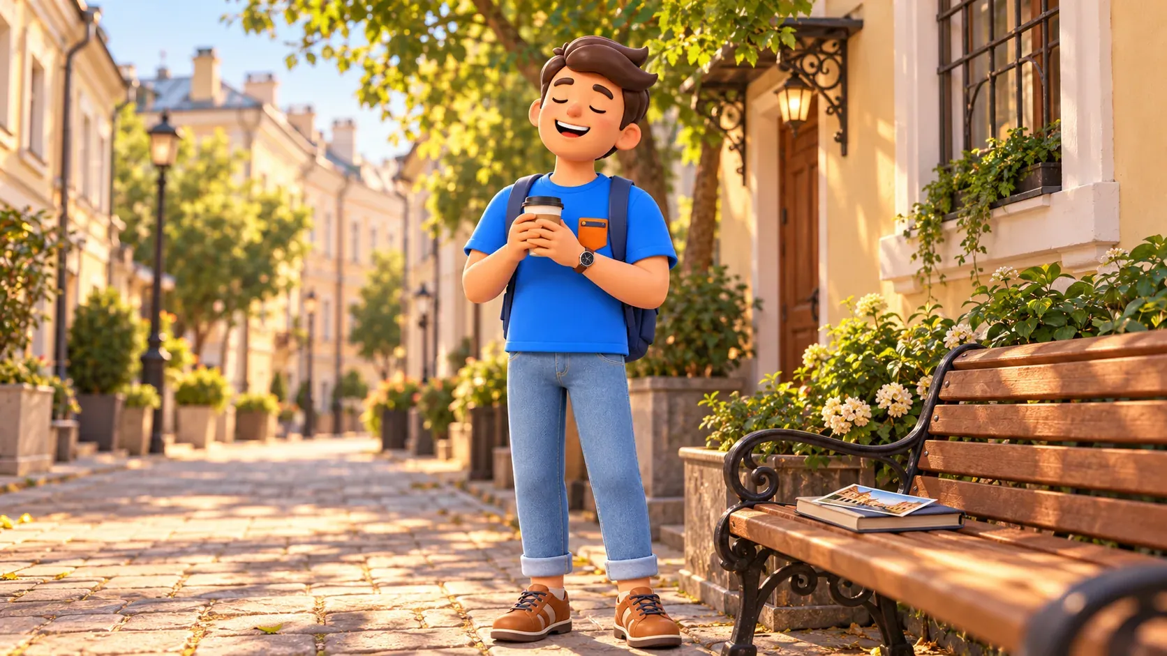A traveler pauses with a warm drink in an illustrative Moscow lane, 3D illustration