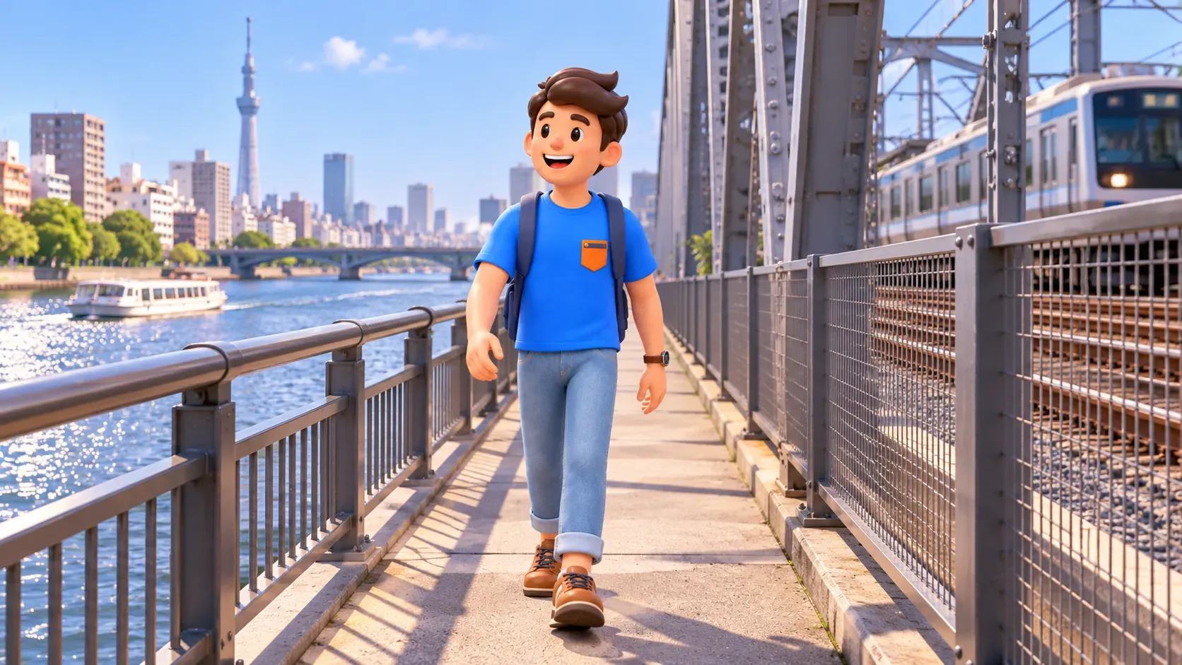 Traveler walking on a pedestrian deck beside a railway bridge