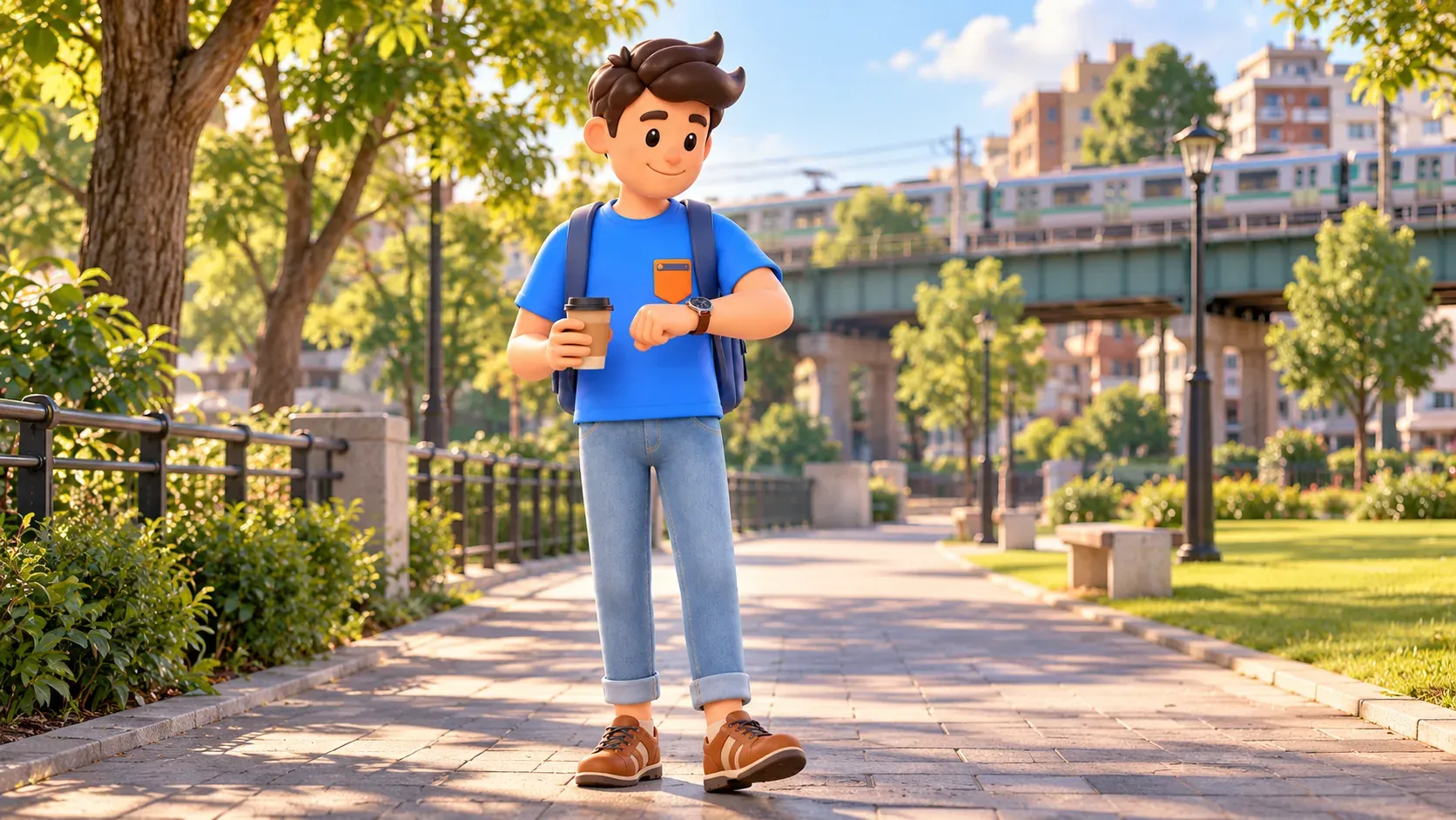 Traveler with coffee checking his watch on a green urban path