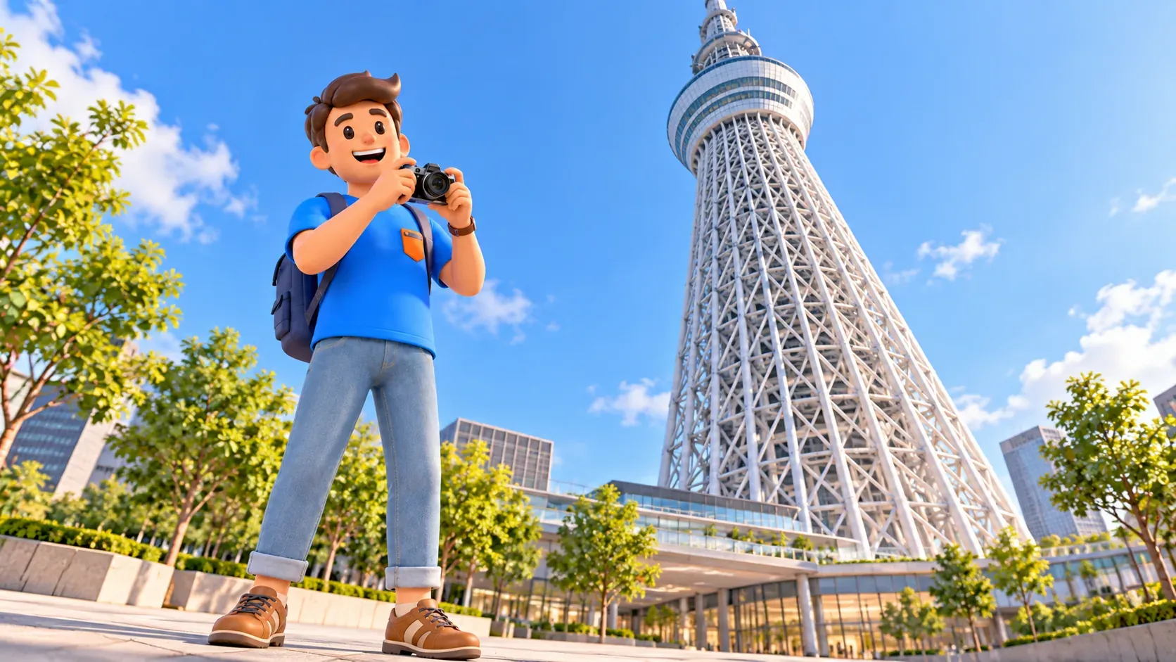 Traveler photographing Tokyo Skytree from below with a compact camera