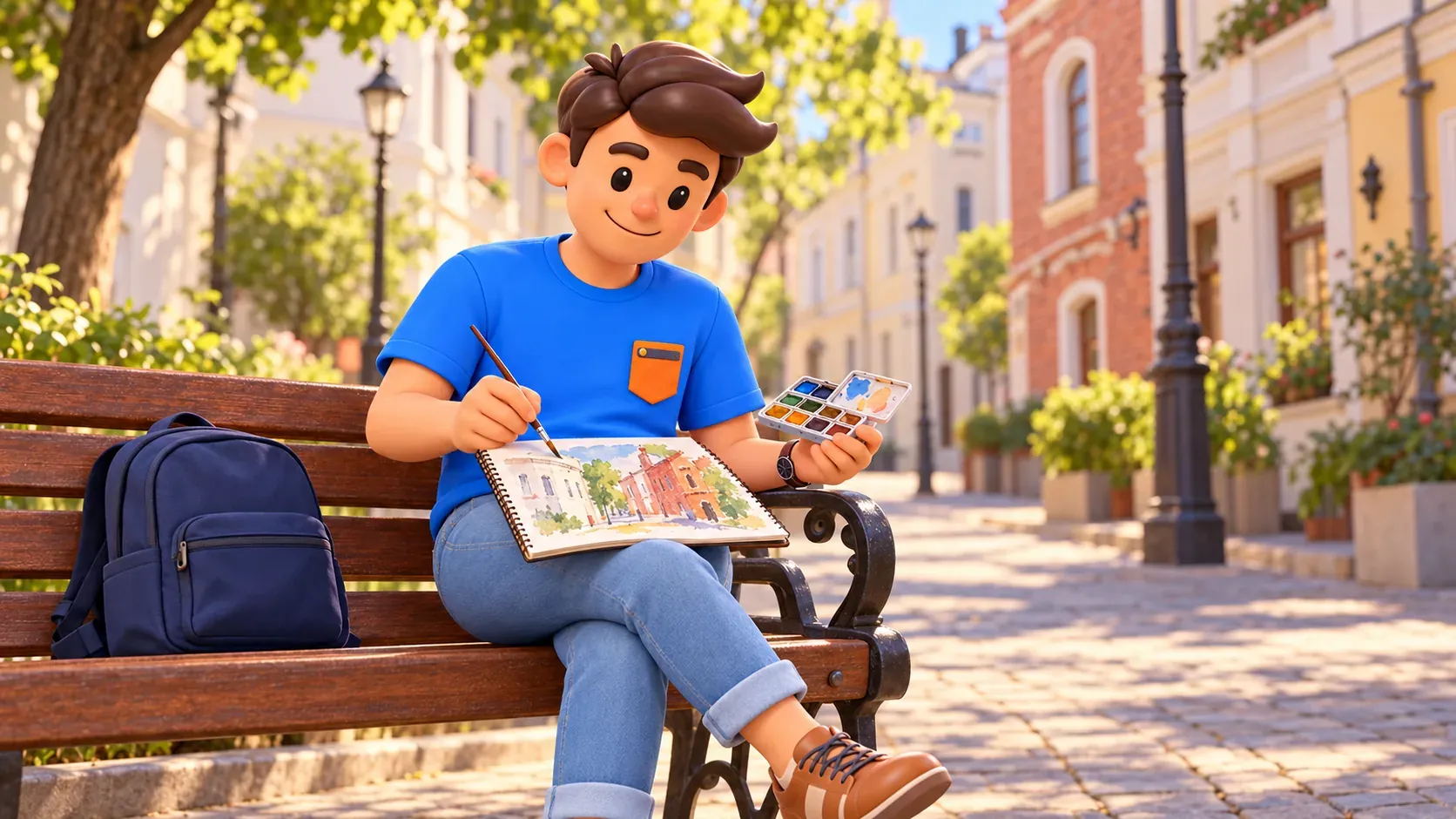 Un voyageur peint une aquarelle sur un banc dans une ruelle moscovite illustrée, illustration 3D