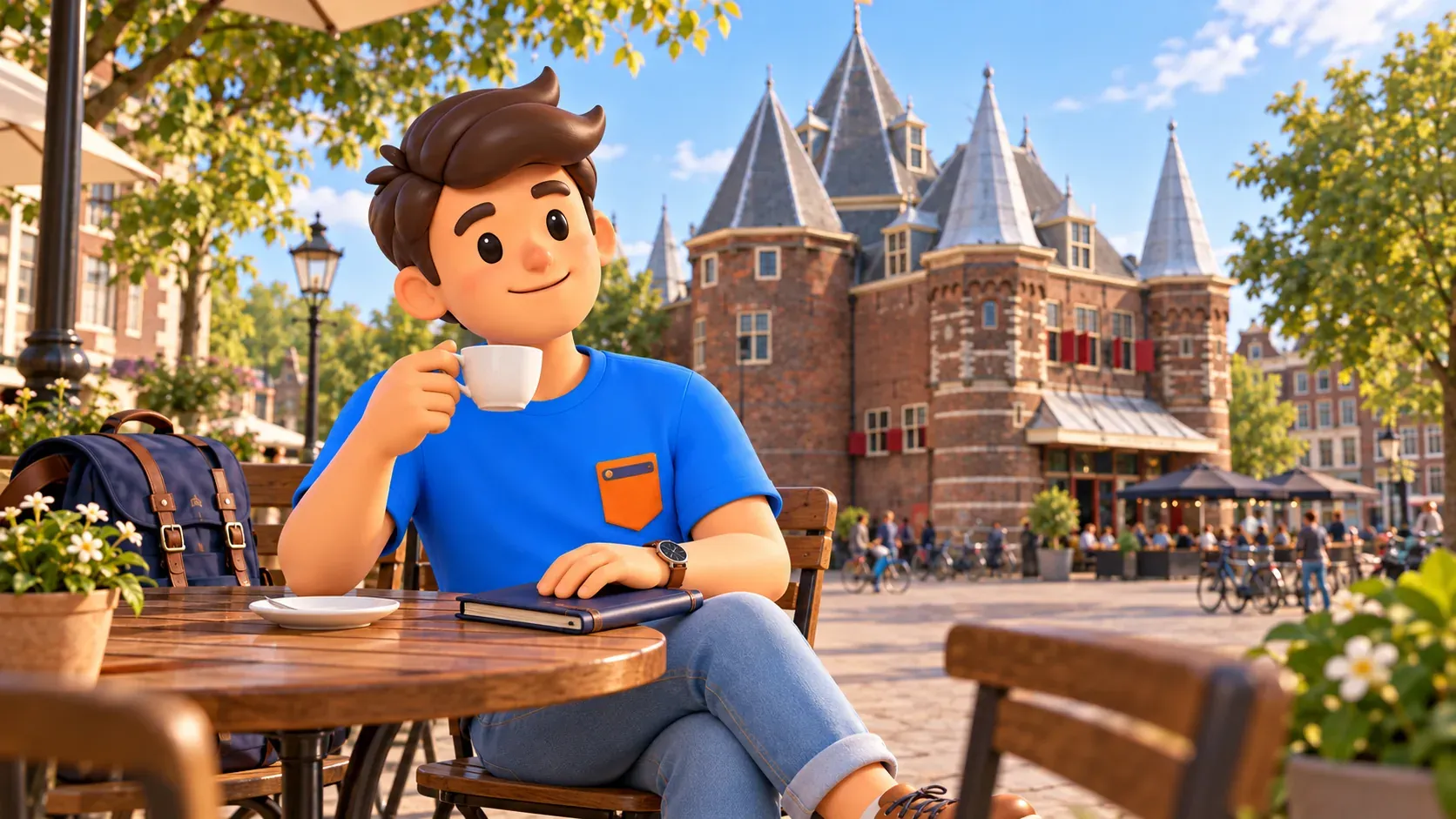 Illustration einer Kaffeepause mit Blick auf die Waag am Nieuwmarkt