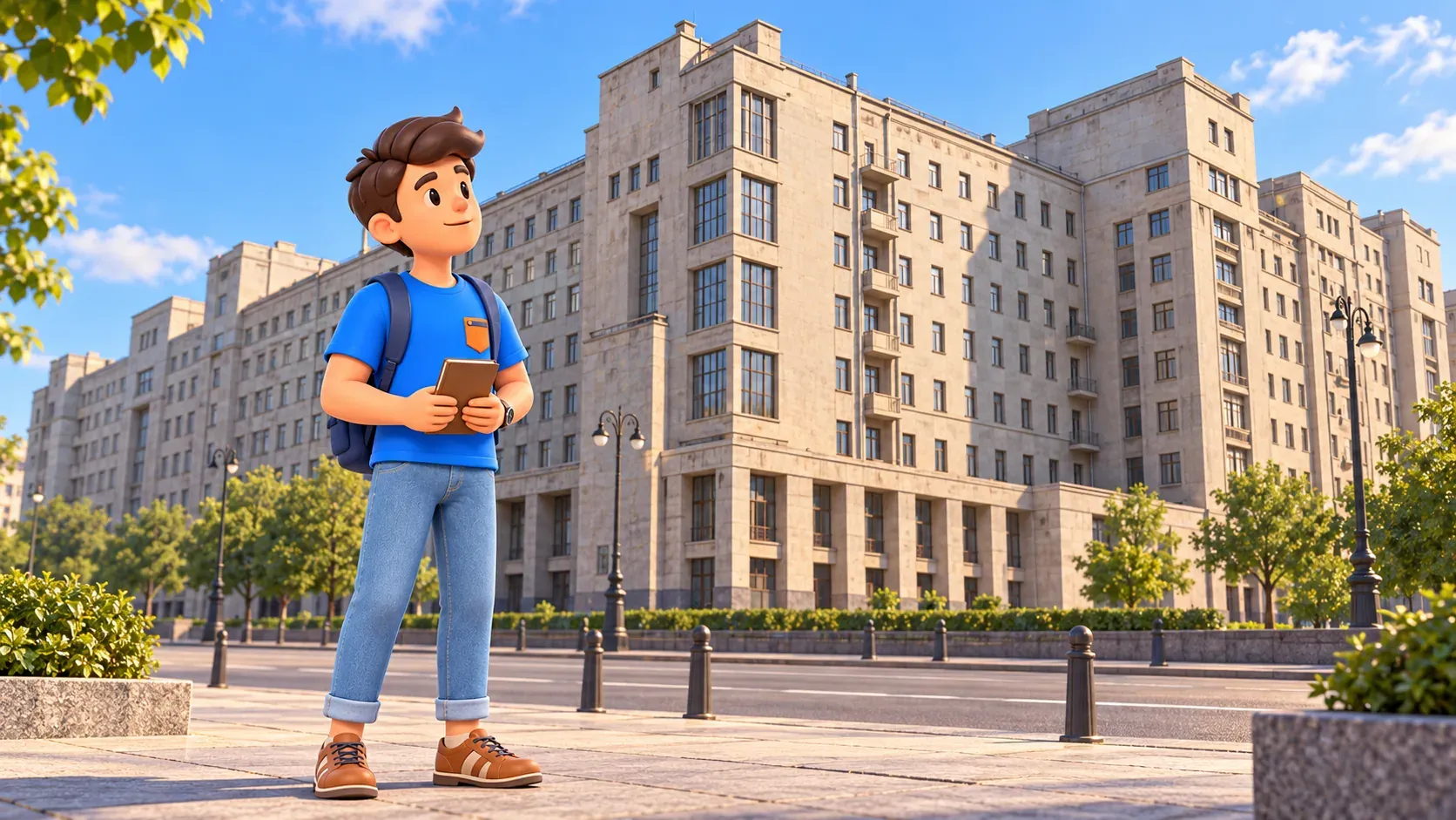 A traveler studies a large residential complex, 3D architectural illustration