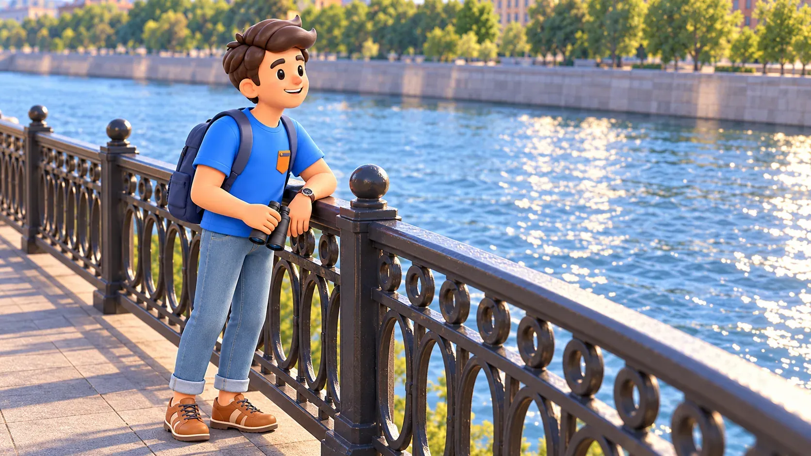 A traveler with binoculars pauses at a pedestrian railing above the river, 3D illustration
