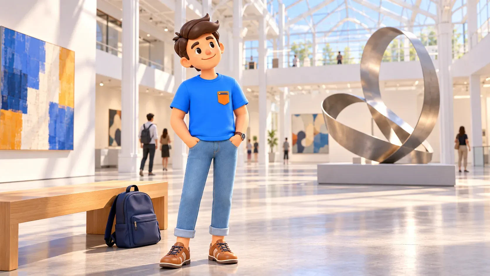 A traveler considers an illustrative abstract sculpture in a fictional cultural interior, 3D illustration
